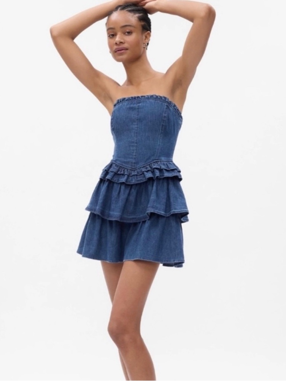 Strapless Denim Tiered Ruffle Mini Dress - Blue